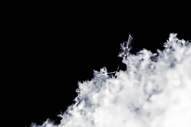 Extreme close-up of snowflake on black
