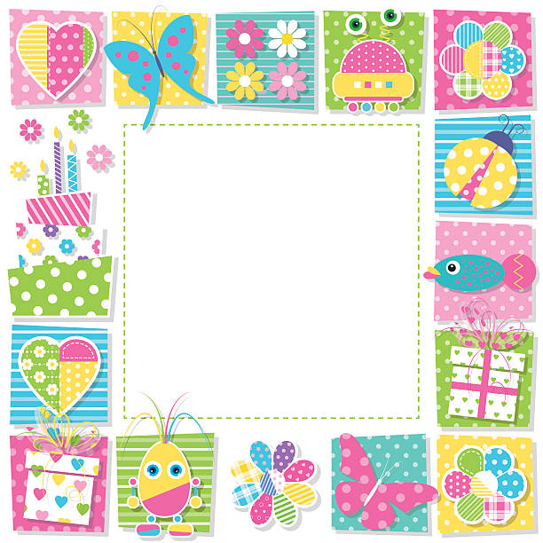 cute happy birthday border illustration of butterflies hearts flowers ladybug robots presents birthday cake and fish on colorful square shape frame and white background ladybird book stock illustrations