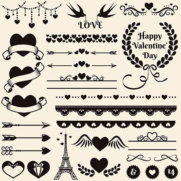 Vector illustration of Love, romance and wedding design elements. Vector set.