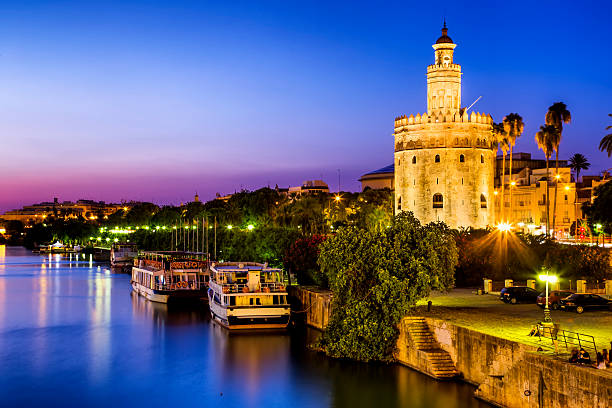 vista de golden tower (torre del oro), naranjas, andalucía, españa - sevilla fotografías e imágenes de stock