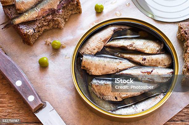 Tin Can Of Sprats Sardines Stock Photo - Download Image Now - Sardine, Canned Food, Fish