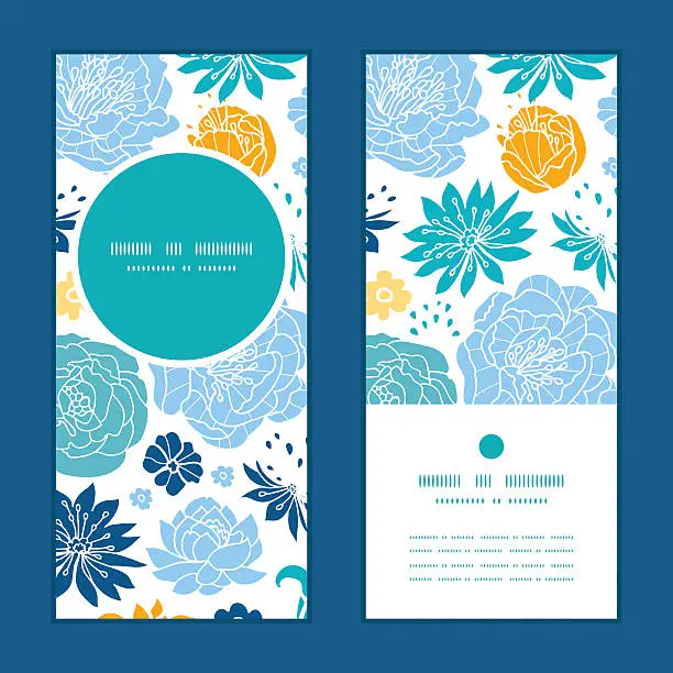 Vector illustration of Vector blue and yellow flowersilhouettes vertical round frame pattern invitation