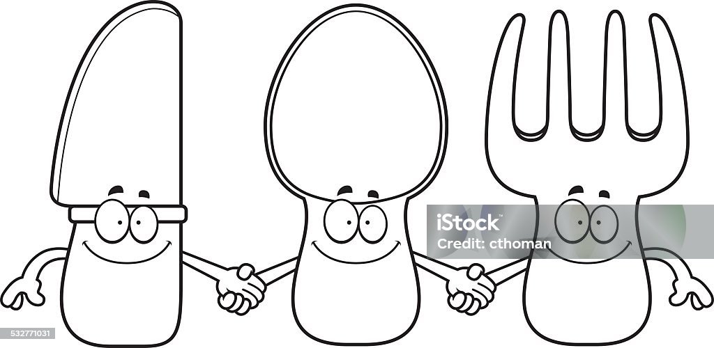 Cartoon Silverware Holding Hands A cartoon illustration of silverware holding hands and smiling. 2015 stock vector