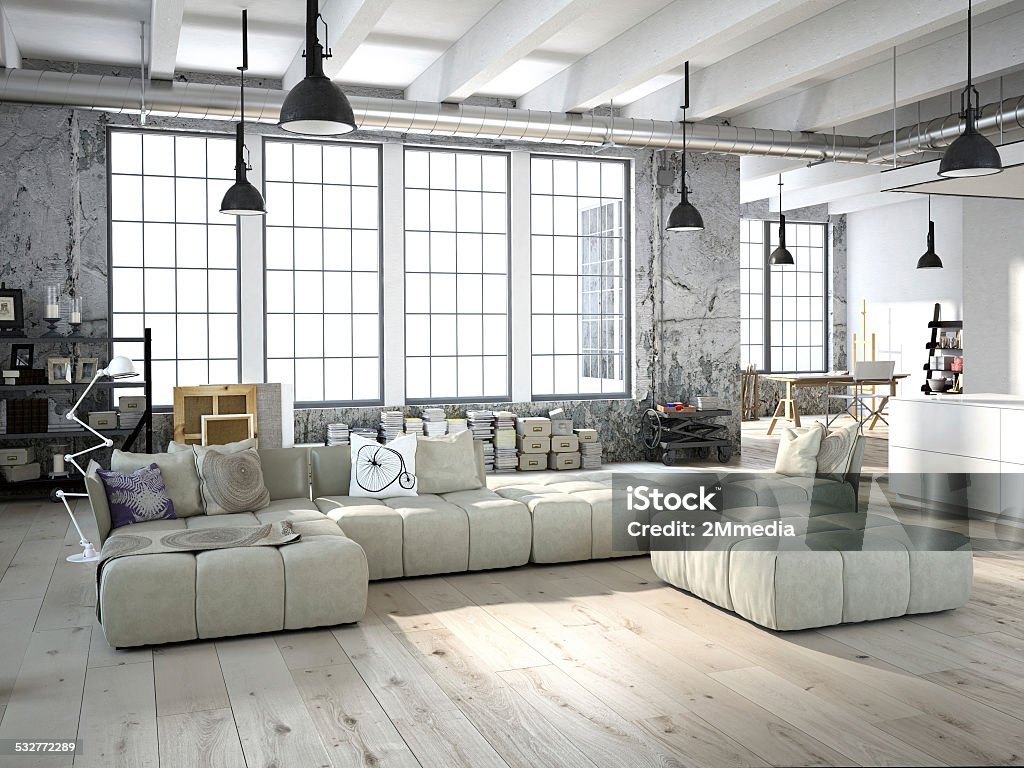 modern living room. 3d rendering 3D rendering of living room in a loft Loft Apartment Stock Photo