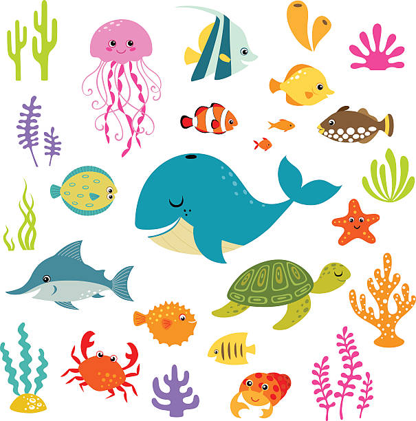 ilustraciones, imágenes clip art, dibujos animados e iconos de stock de linda mundo submarino - starfish underwater sea fish