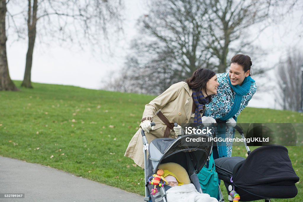 Mothers With Strollers In Park Cheerful young mothers pushing strollers in park 2015 Stock Photo