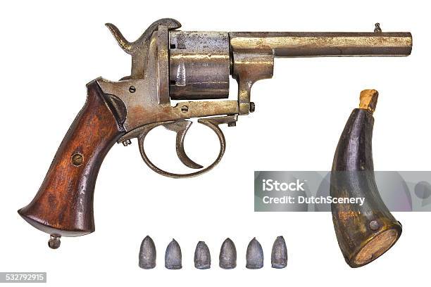 Revolver With Bullets And Gun Powder Stock Photo - Download Image Now - 2015, American Culture, Ammunition