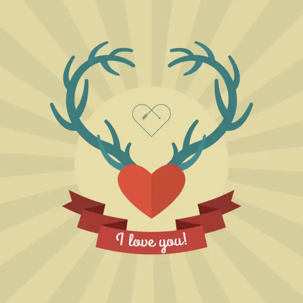 Vector illustration of Heart with blue deer antlers.