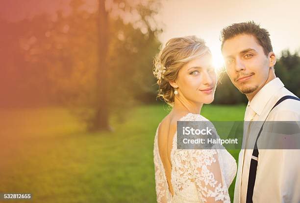 Young Wedding Couple On Summer Meadow Stock Photo - Download Image Now - 2015, Adult, Adults Only