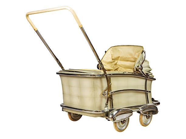 Vintage off white baby stroller isolated on a white background