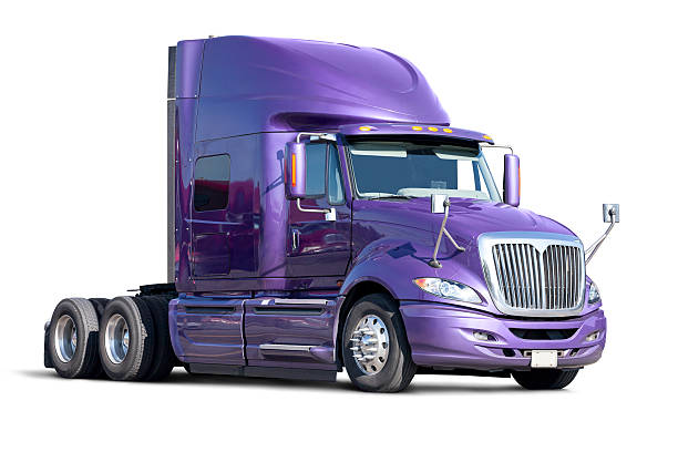 Purple Truck Cab Eighteen Wheeler Hauler Isolated On White stock photo