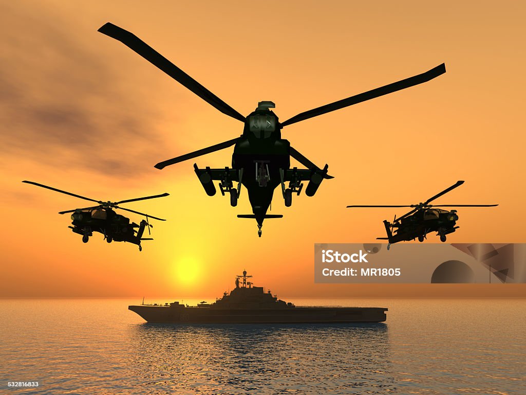 Helicopters Computer generated 3D illustration with Helicopters and Aircraft Carrier Military Stock Photo