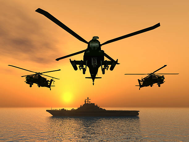 Helicopters Computer generated 3D illustration with Helicopters and Aircraft Carrier naval ship stock pictures, royalty-free photos & images