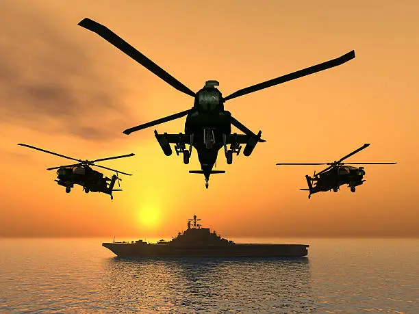 Computer generated 3D illustration with Helicopters and Aircraft Carrier