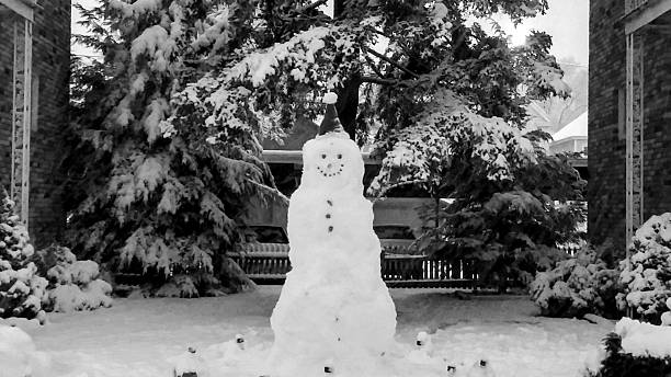 istock Snowman Between Two Brick Buildings and Snow Covered Pine Tree 532830129