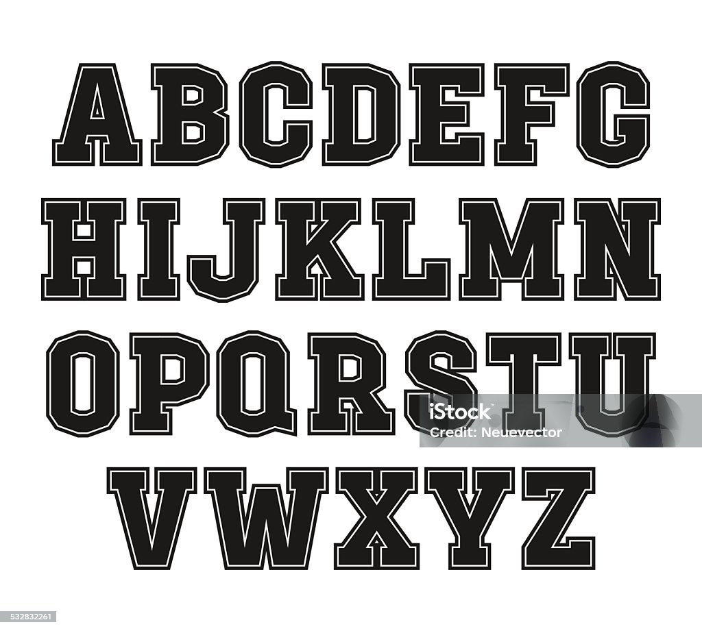 Slab-serif font in the style of college Slab-serif font with contour in the style of college. Black font on light background Typescript stock vector