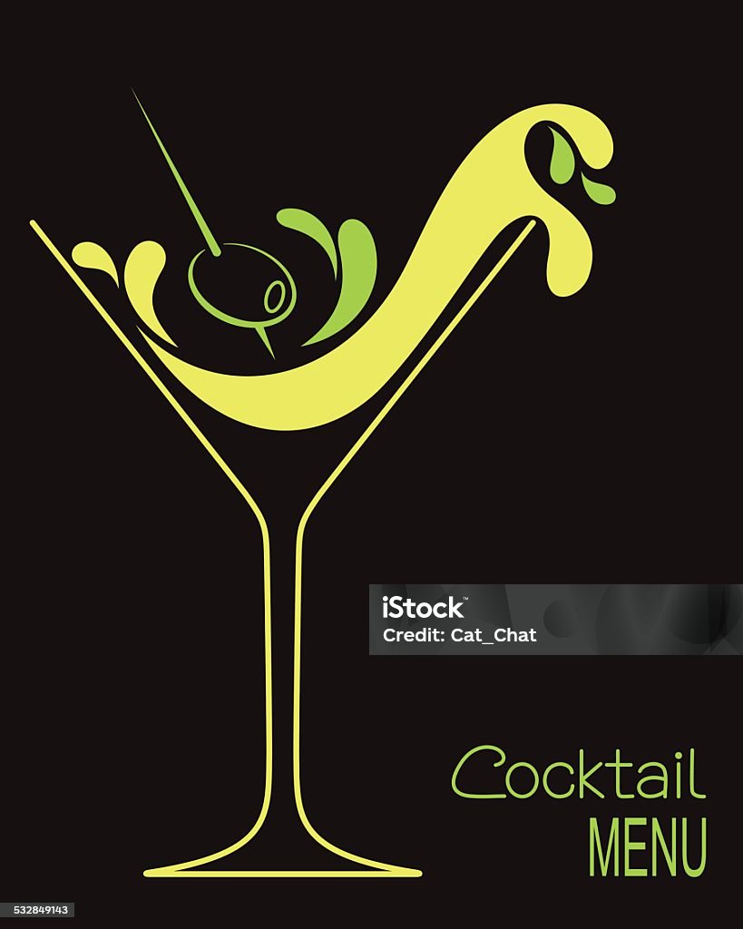 Cocktail Cocktail glass with abstract splashes and olive. Design for drinks bar menu or cocktail party invitation Martini stock vector