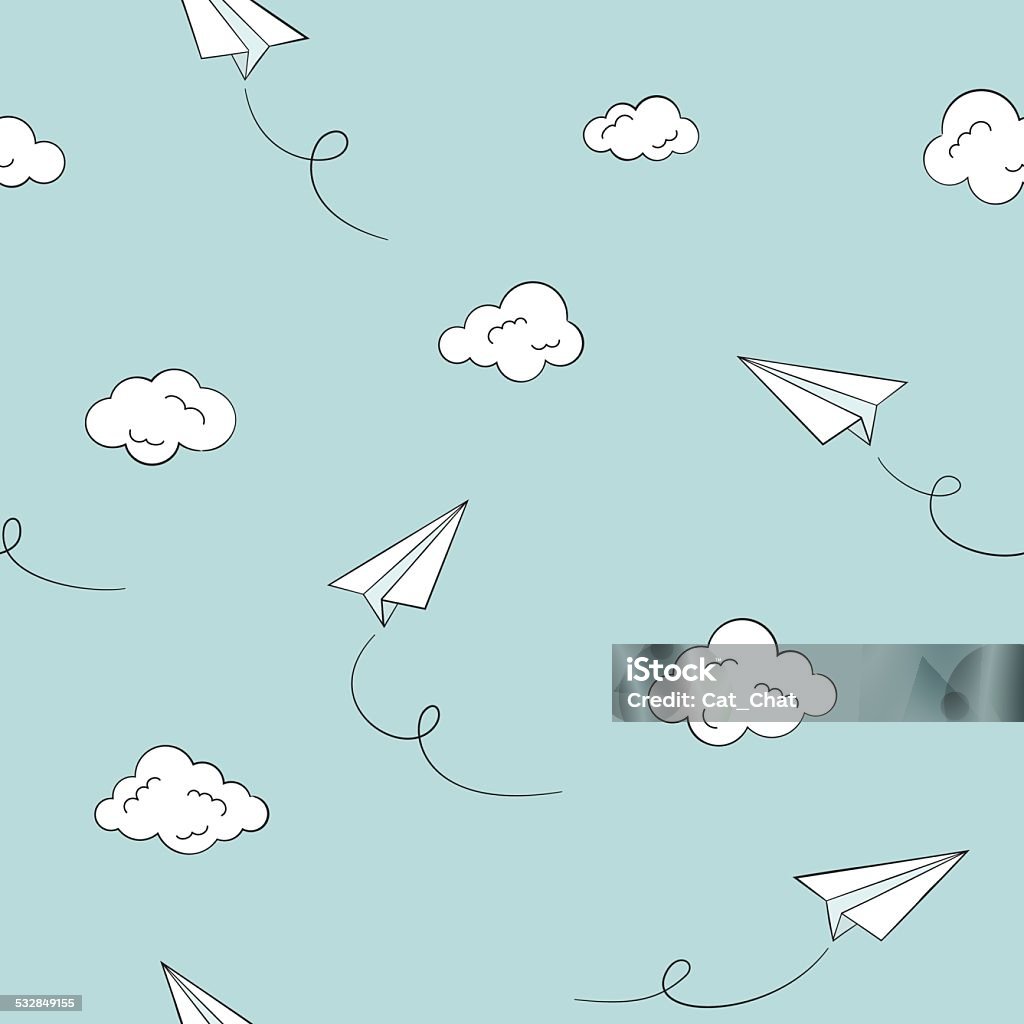 Paper planes seamless background Seamless pattern with paper planes and clouds Child stock vector