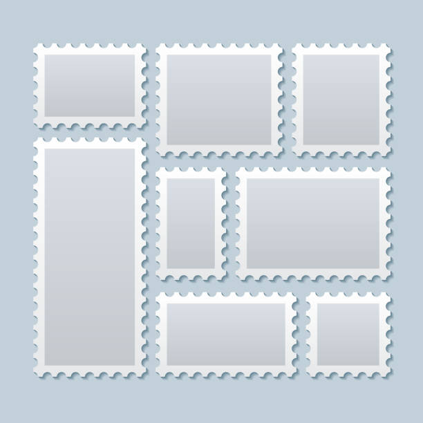ilustrações de stock, clip art, desenhos animados e ícones de branco selos postais em diferentes tamanho. vector modelo - postage stamp backgrounds correspondence delivering
