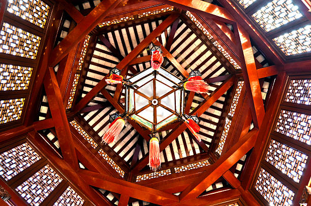 Geometric patterns of a chinese lantern hanging from wooden beams in the ceiling of a chinese gazebo