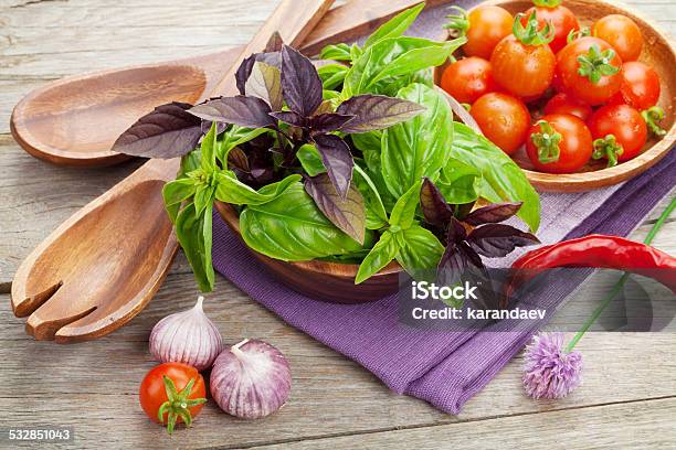 Fresh Farmers Tomatoes And Basil Stock Photo - Download Image Now - 2015, Basil, Bowl