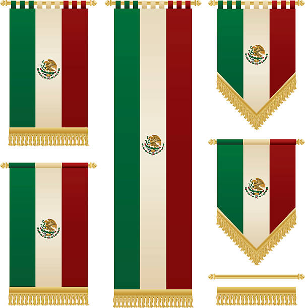 mexican banners set of isolated vertical hanging mexican flag banners with gold fringing fringe stock illustrations