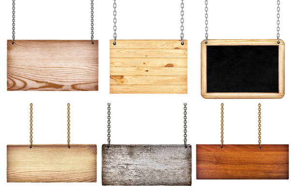 istock collection of various wooden signs with chain on white background. 532851891