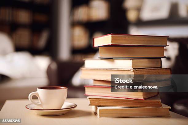 Stack Of Books In Home Interior Stock Photo - Download Image Now - Book, Stack, Coffee - Drink