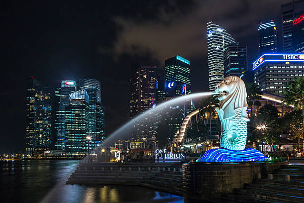 statua del merlion a singapore marina bay - editorial asia singapore tourist foto e immagini stock