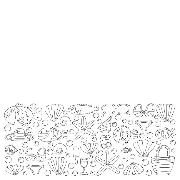 illustrations, cliparts, dessins animés et icônes de vecteur doodle des photos de vacances à la plage tropical et vie marine - party hat drink cocktail illustration and painting