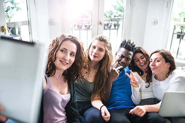 istock Group of college student take a selfie on the apartment 532853872