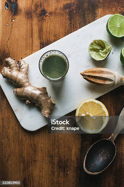 Ginger Lime And Fresh Juice From Above Stock Photo - Download Image Now - 2015, Arrangement, Close-up