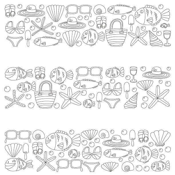 illustrations, cliparts, dessins animés et icônes de vecteur doodle des photos de vacances à la plage tropical et vie marine - party hat drink cocktail illustration and painting