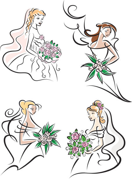 Brides in white dresses with bouquets Young brides outlines in elegant white wedding dresses and veils with flowers for marriage, invitation or greeting card design silhouette of a prom dress sketches stock illustrations