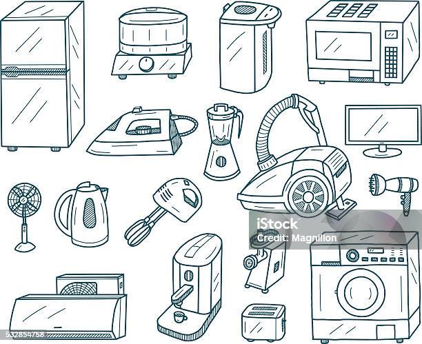 Appliances Doodles Stock Illustration - Download Image Now - Appliance, Refrigerator, Drawing - Art Product