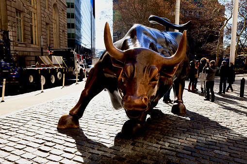 New York, NY, USA - November 19, 2014: Charging Bull: The Charging Bull of Wall Street bronze statue located on Broadway Street in the Financial District of Lower Manhattan in New York City, New York, USA. Skyscrapers in background. Daytime image.
