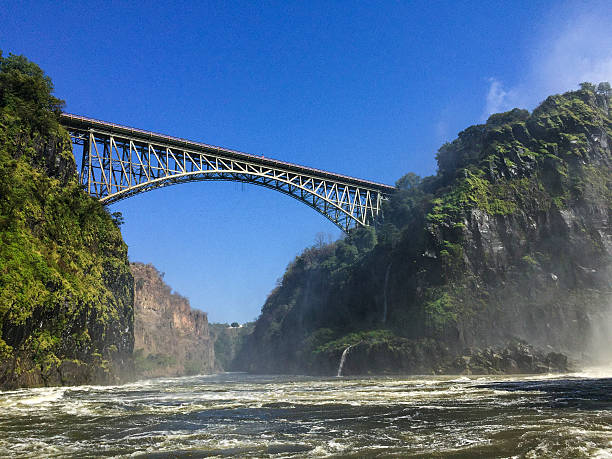 metal puente sobre el río rodeado de árboles, verde - victoria falls waterfall zimbabwe zambia fotografías e imágenes de stock
