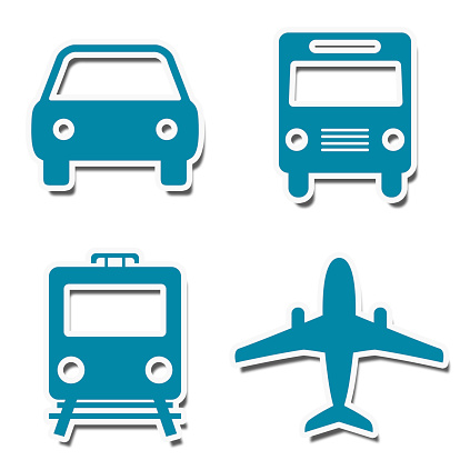 Plane, Train, Bus, Car square icons in blue over white background.