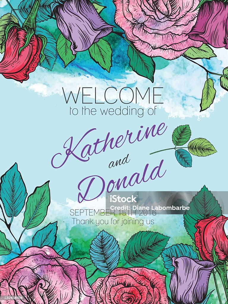 Botanical Roses Floral Wedding Welcome Sign Botanical Floral Pattern. Hand drawn flowers in a detailed botanical drawing style. Ideal for your wedding welcome sign poster. Sized to print as a 18" x 24" poster to put on an easel at the door. Purple stock vector
