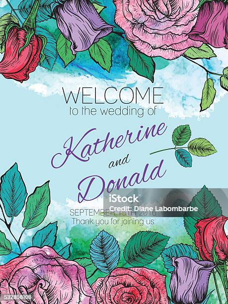 Botanical Roses Floral Wedding Welcome Sign Stock Illustration - Download Image Now - Purple, Rose - Flower, Wedding