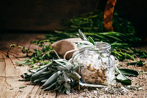 Sea salt, milled with sage in a glass jar