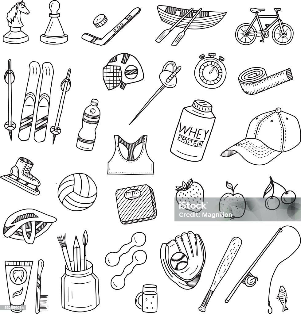 Active Lifestyle Doodles Set Active lifestyle doodles set. Vector illustration. All objects in groups and easy to edit. Doodle stock vector