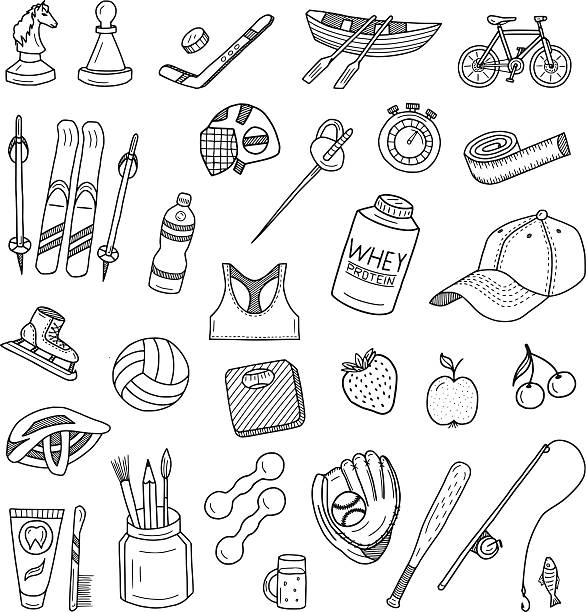 Active Lifestyle Doodles Set Active lifestyle doodles set. Vector illustration. All objects in groups and easy to edit. cycling bicycle pencil drawing cyclist stock illustrations