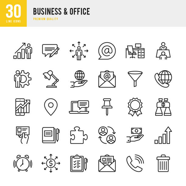 Business & Office - Thin Line Icon Set Business & Office set of 30 thin line vector icons. laptop in a trash bin stock illustrations