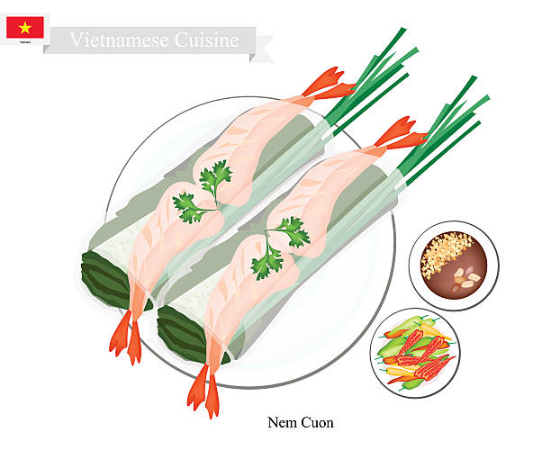 illustrazioni stock, clip art, cartoni animati e icone di tendenza di nem cuon o tradizionale vietnamita involtini primavera - nuoc