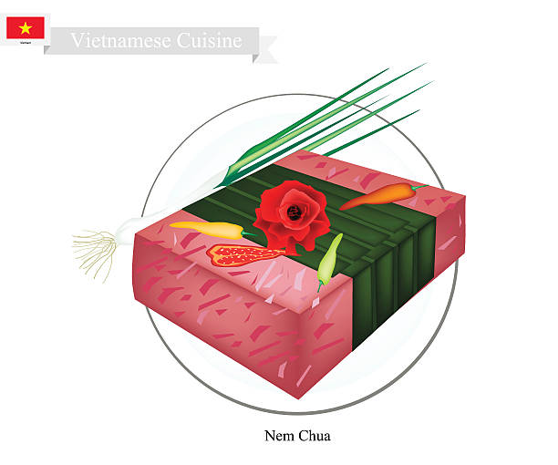 illustrazioni stock, clip art, cartoni animati e icone di tendenza di nem chua o vietnamita fermentato o salsiccia di maiale carne - nuoc
