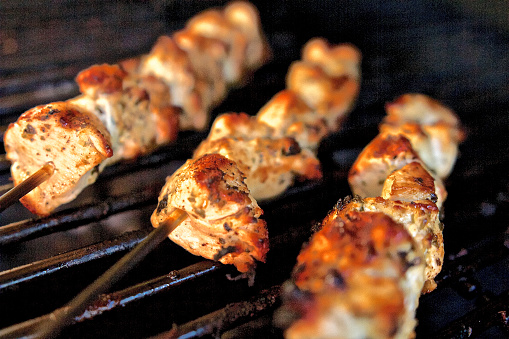 Marinated Chicken,food,skewers on bbq