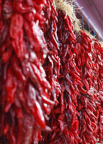 Red chili pepper ristras for sale hang outside a shop in New Mexico. A ristra hung on one's house (usually at the front door) is not only decorative in New Mexico, but it also protect the house from evil spirits, according to traditional beliefs.