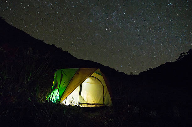 istock lit up tent under the twilight stars 532868521