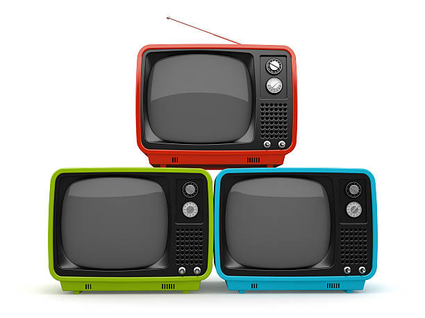 istock Multicolored pyramid of retro TV white background 532873697